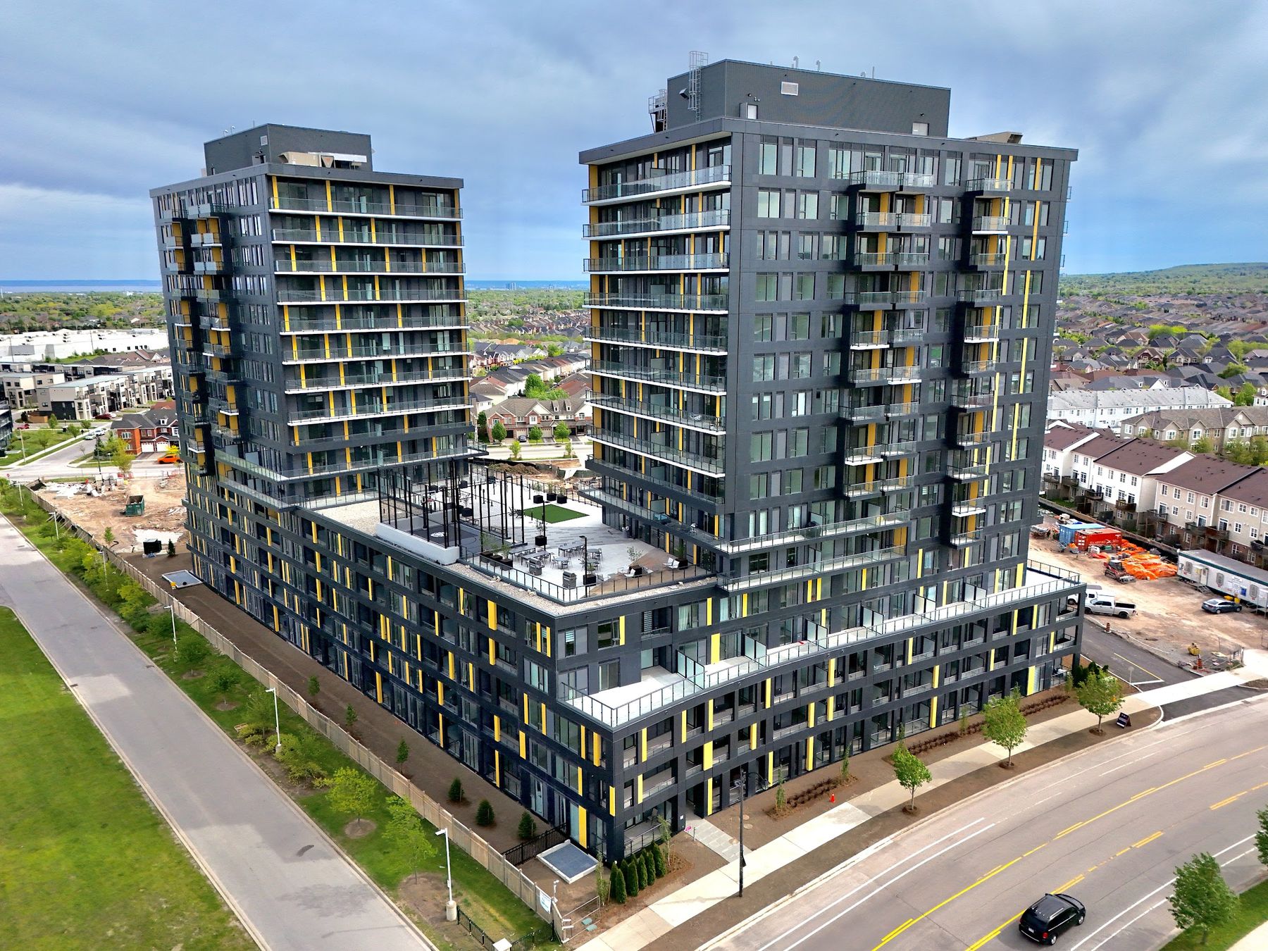 Aerial of twin condo towers